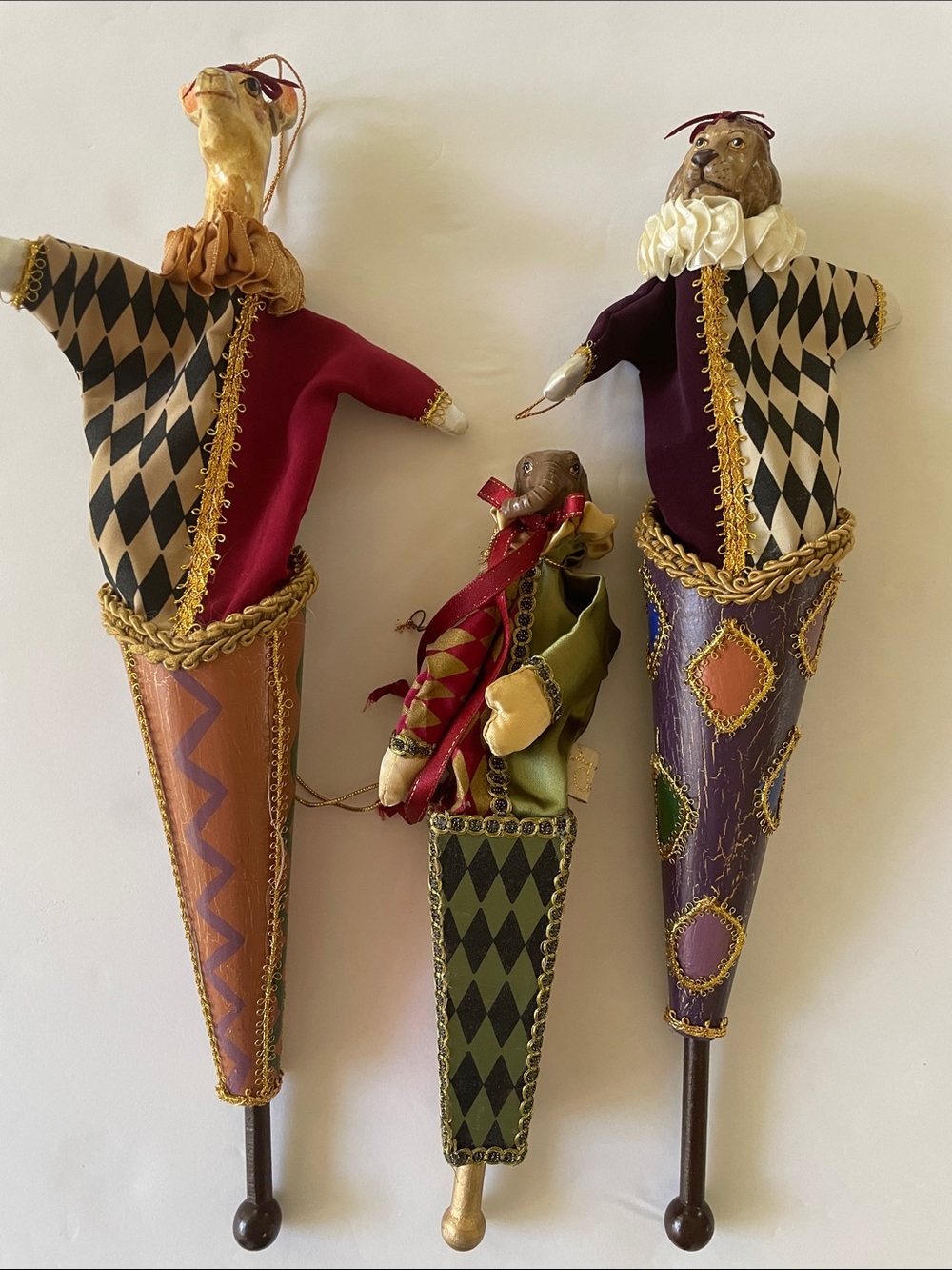 VTG: Holiday Harlequin Animals European Accent Decor Ornament- set of 3